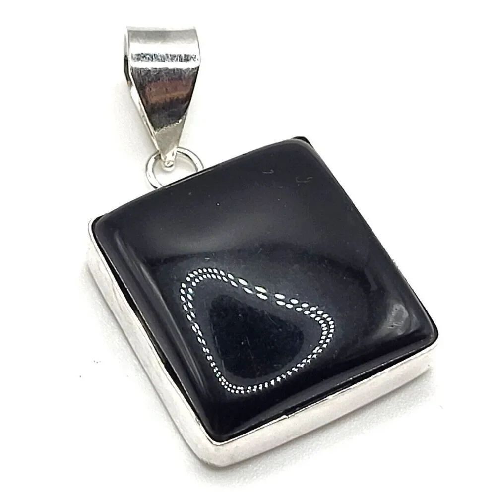 Onyx Square Sterling Silver Pendant Signed 925 1.75in